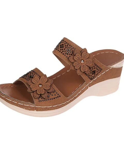 Mules femme marron fleuries à semelle compensée